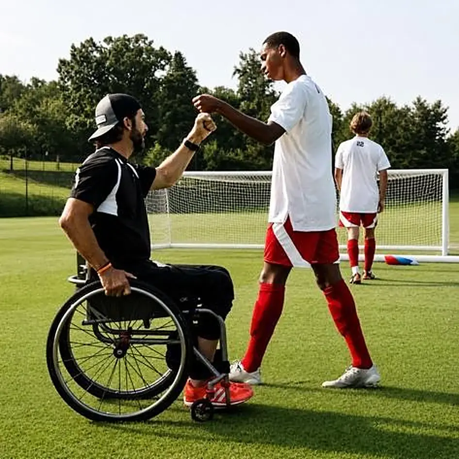 Tom Morris fist-bumping a soccer player on the training field